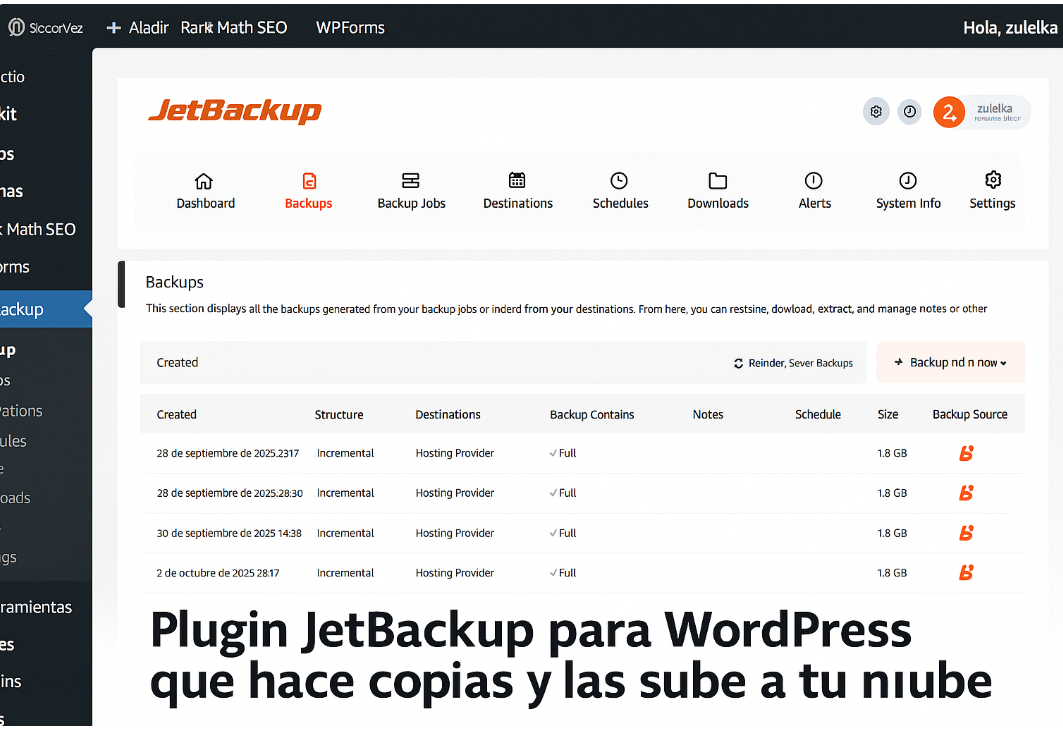 Plugin JetBackup para WordPress que hace copias y las sube a tu nube